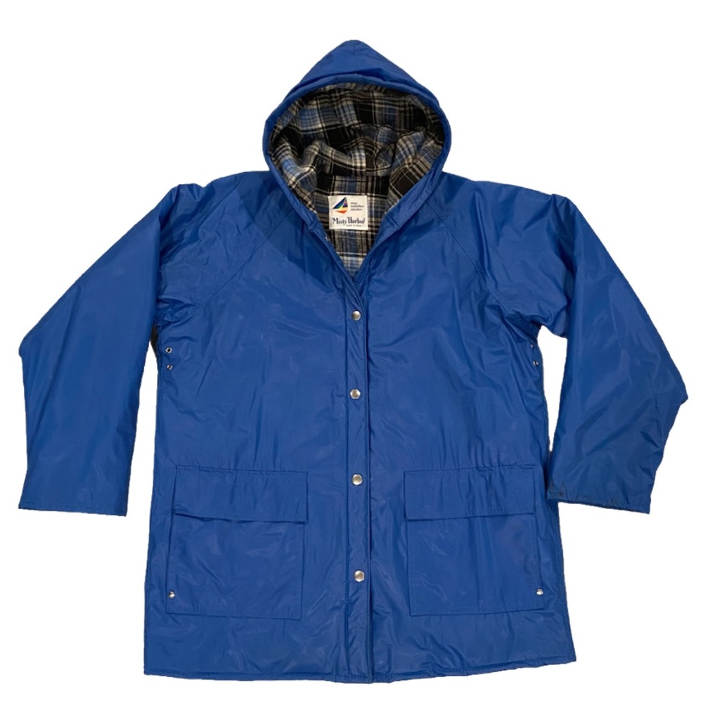 Vintage Misty Harbor Hooded PVC Rain Coat Size M Snap Button Blue Plaid Jacket